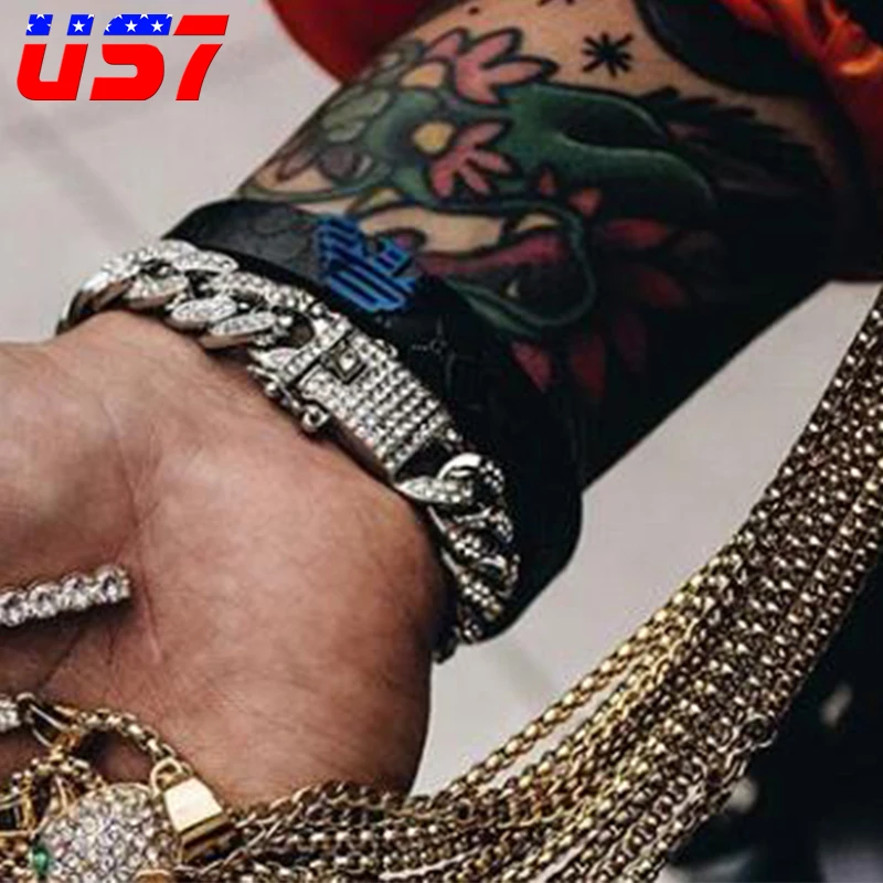 US7, Bling Iced Out, кубинская цепочка, полностью проложенный кристалл, мужской браслет, золотой, серебряный цвет, браслеты для мужчин, ювелирные изделия