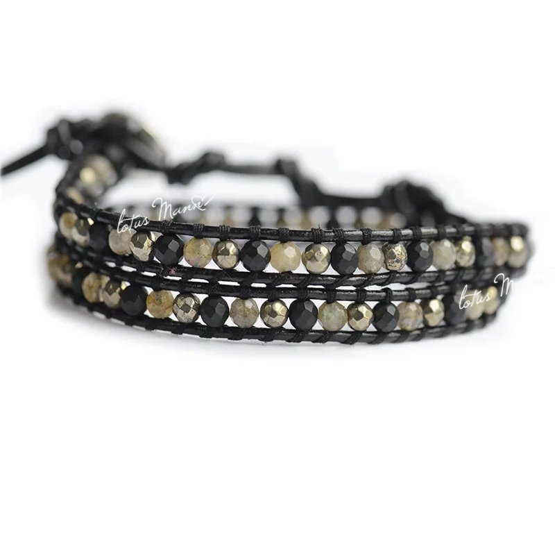 Lotus Mann два круга Лабрадорит матовый черный кожаный ремешок браслет бусины Пирит |
