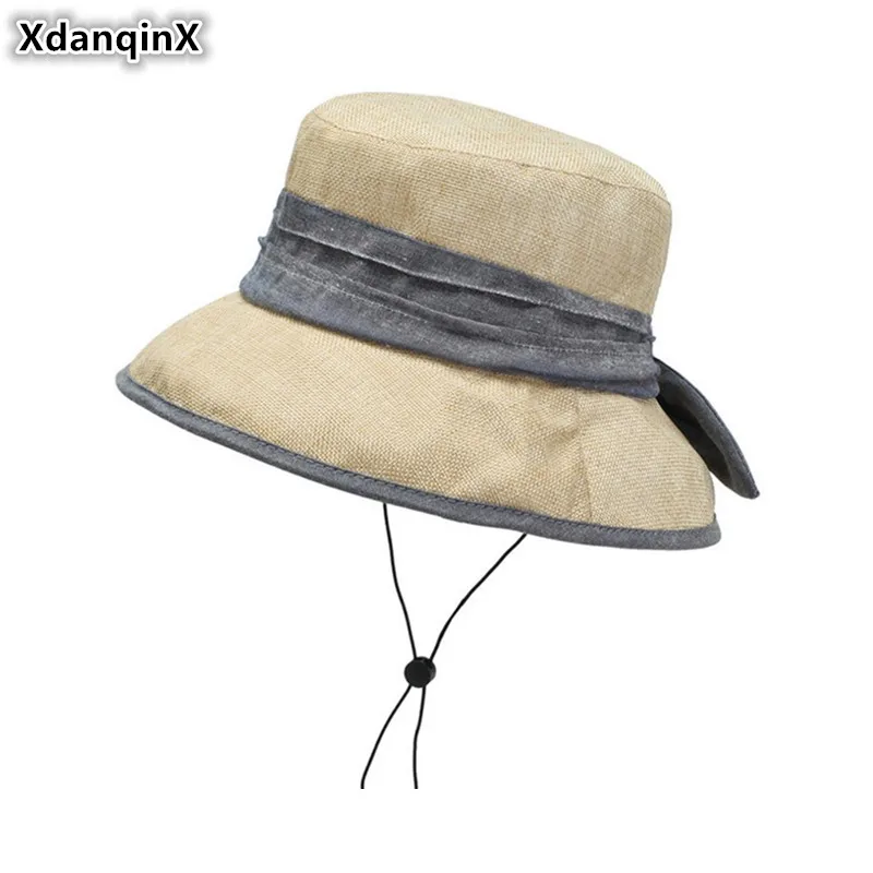 

XdanqinX Summer Women's Breathable Hat Large Sun Visor Bucket Hats Wind Rope Fixed Fashion Beach Hat NEW Elegant Ladies Sunhat