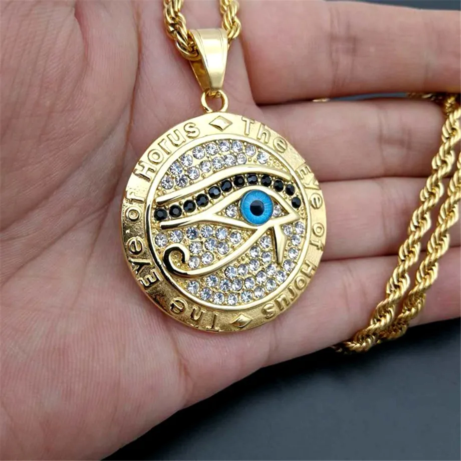 Фото Egyptian Eye of Horus Necklace Pendant & Chain For Men Women Gold Color Stainless Steel Round Hiphop Ancient Egypt Jewelry N1238 №1