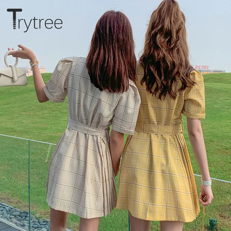 Trytree/летнее осеннее повседневное женское платье в клетку С Вырезанным воротником