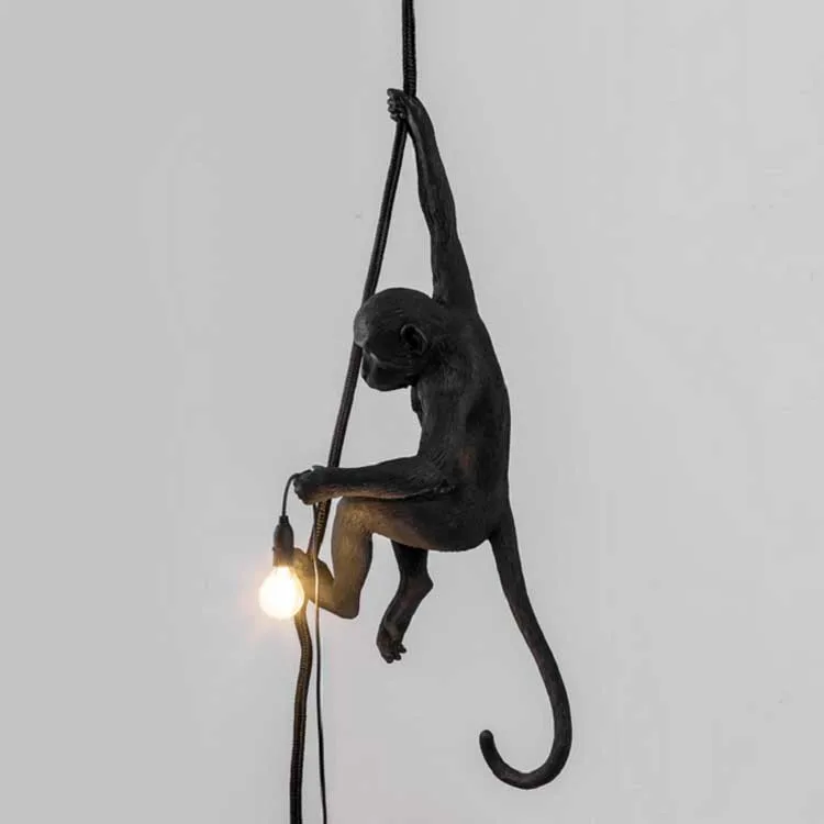 Lampara de pared Kitsch quirky Art нордическая Черная смола подвесная черная обезьянка Настенные светильники Лофт кафе Черная веревка животное настенные бра