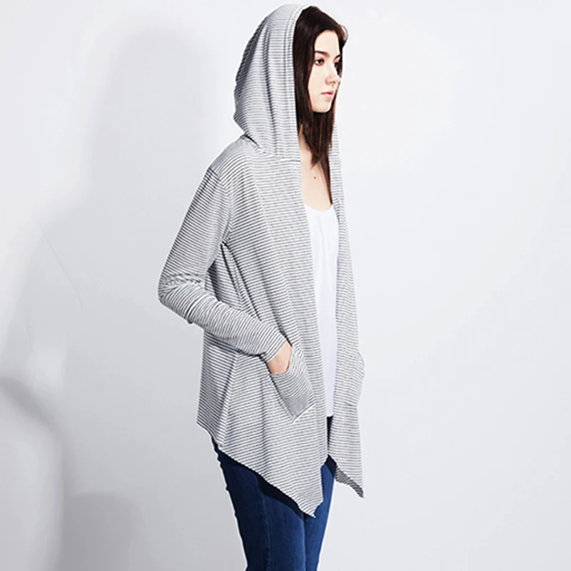 Bigsweety Womens Casual Hooded All-match Cardigans Long Sleeved Asymmetric Cardigan New European Striped Overcoat Women Outwear |