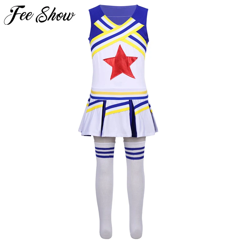 Kids Teens Hip-hop Stage Jazz Dance Costume Girls Cheerleader Street Dancing Star Applique Tops Skirt Socks Set | Детская одежда и