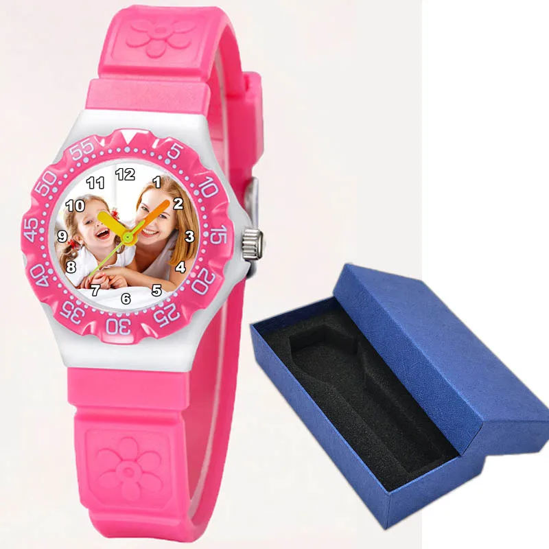pink with box A3331 Прямая поставка детские резиновые часы персонализированные фото часы на заказ часы с изображением креативные наручные часы для ребенка подарок на день рождения - Цвет: pink with box