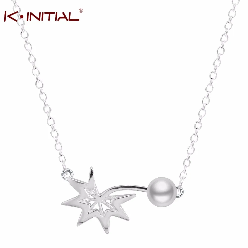 Kinitial 925 Silver Leaf Imitation Pearl Necklaces Pendants Leaves Star Necklace Statement for Women Chain Jewelry | Украшения и