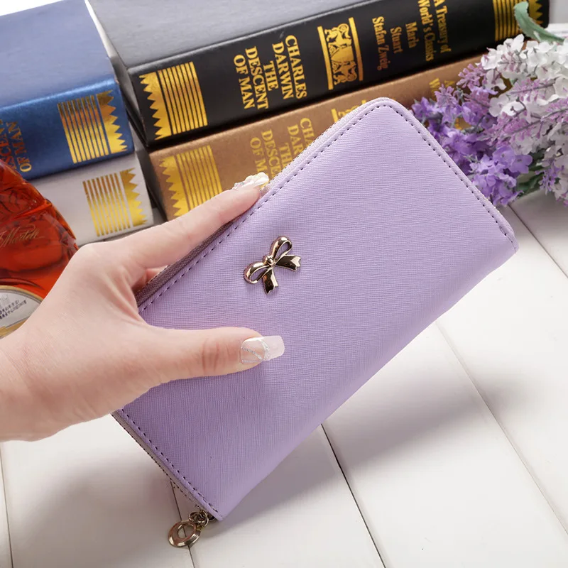 Women Bow Long Wallet for Credit Cards Coin Purse Coins Change Cell Phone Card Holder Zipper PU Leather Clutch Lady Wallets | Багаж и