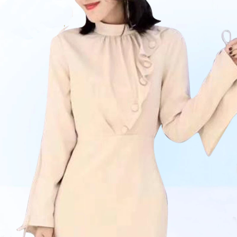 Fashion Women Dress 2019 Spring Newest Solid Knee-Length Lady Female High Waist A-Line Long Sleeve Bodycon Dresses K558 | Женская одежда