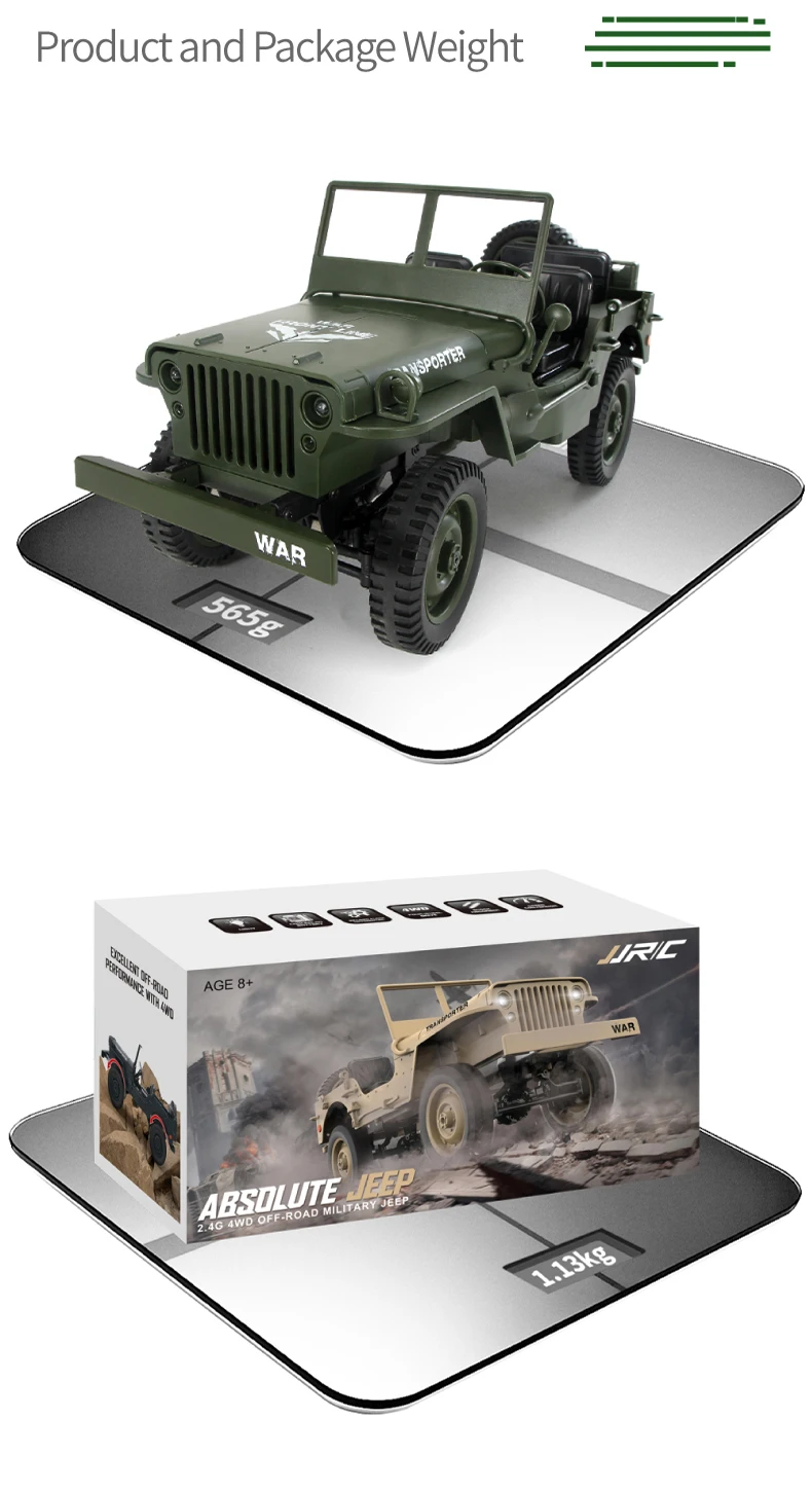 JJRC Q65 1/10 военный RC Jeep 2,4G Полный масштаб пропорции 4WD 15 км/ч военный RC автомобиль внедорожный багги автомобиль со Световые индикаторы RTR