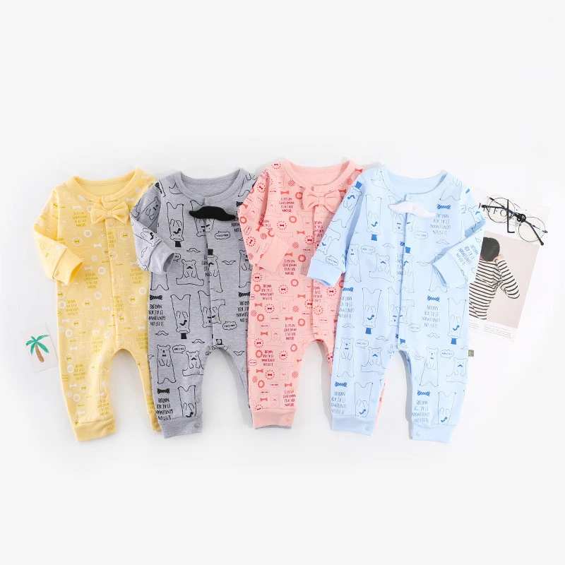 

Spring Cotton Infant Baby Rompers Long-sleeved Cute Print Graffiti Tie Bow Newborn Baby Body suit Lucky Child clothing