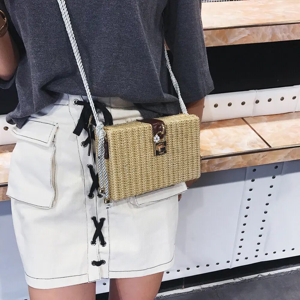 Пляжная прямоугольная сумка из ротанга соломенная плетеная Сумка через плечо с