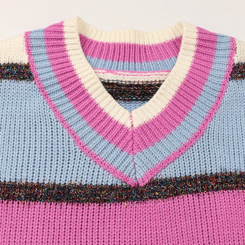 2019 new Autumn Winter Women's Knitted Sweater V-neck Long Sleeve Lace Up Striped Color Blocking Loose Casual Pullovers Sweaters | Женская