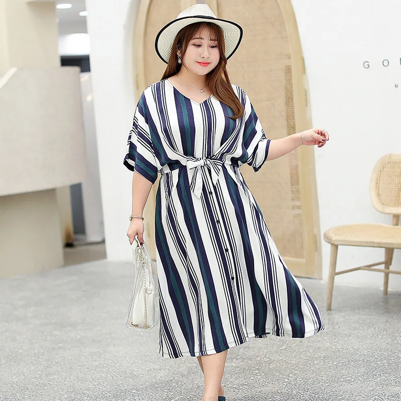 

3XL 4XL Plus size women dress striped ladies office dress large size casual long dress batsleeve loose summer dress big size