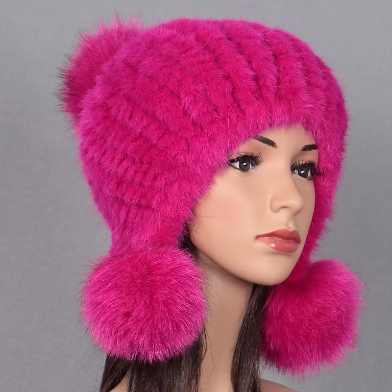 Rose red Норковая меховая ткацкая шапка из меха норки для леди лисий шар зимний теплый шлем шапка Толстая новая - Цвет: Rose red