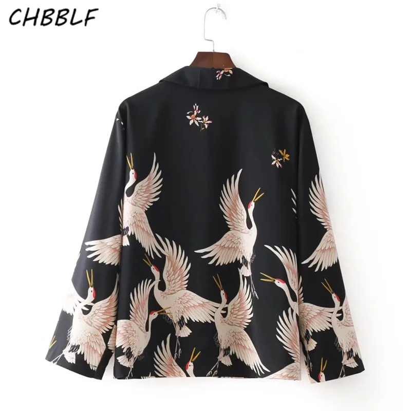 

women crane positioning printed shirt ladies blouse retro female fashion tops blusas BGB7417