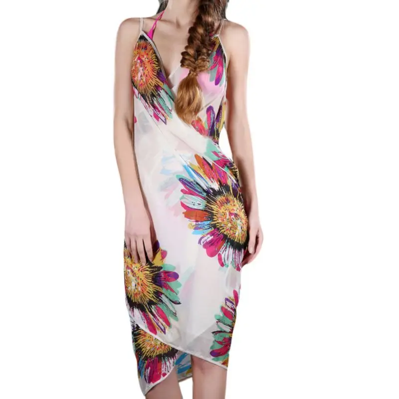 Womens Bohemian Spaghetti Strap Sexy V Neck Backless Bikini Cover Up Colored Sunflower Print Wrapped Beach Dress Bathing Suit|Женские