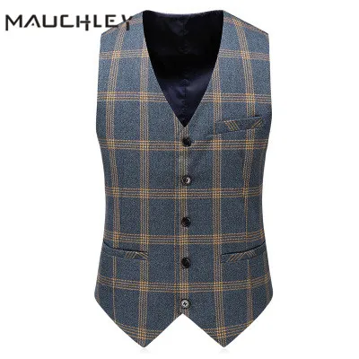 Double Breasted Men Suit With Vest Pants 3 Piece Retro Orange Grey Checkered Slim Fit Plus Size 5XL Wedding Suits for Men 2020