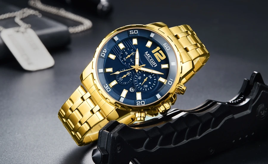 MEGIR, новинка, Роскошные мужские часы, золотые, Топ бренд, модные, синие, кварцевые часы для мужчин, нержавеющая сталь, мужские наручные часы, relojes hombre
