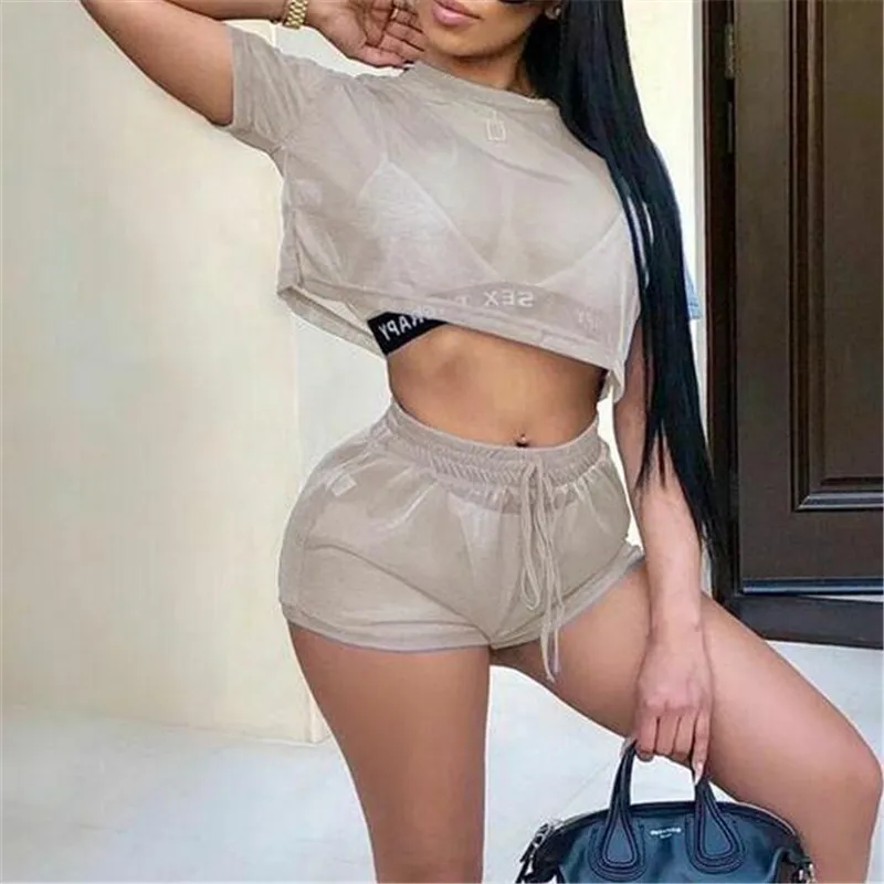 Женский прозрачный сетчатый костюм комплект из двух предметов короткий топ с