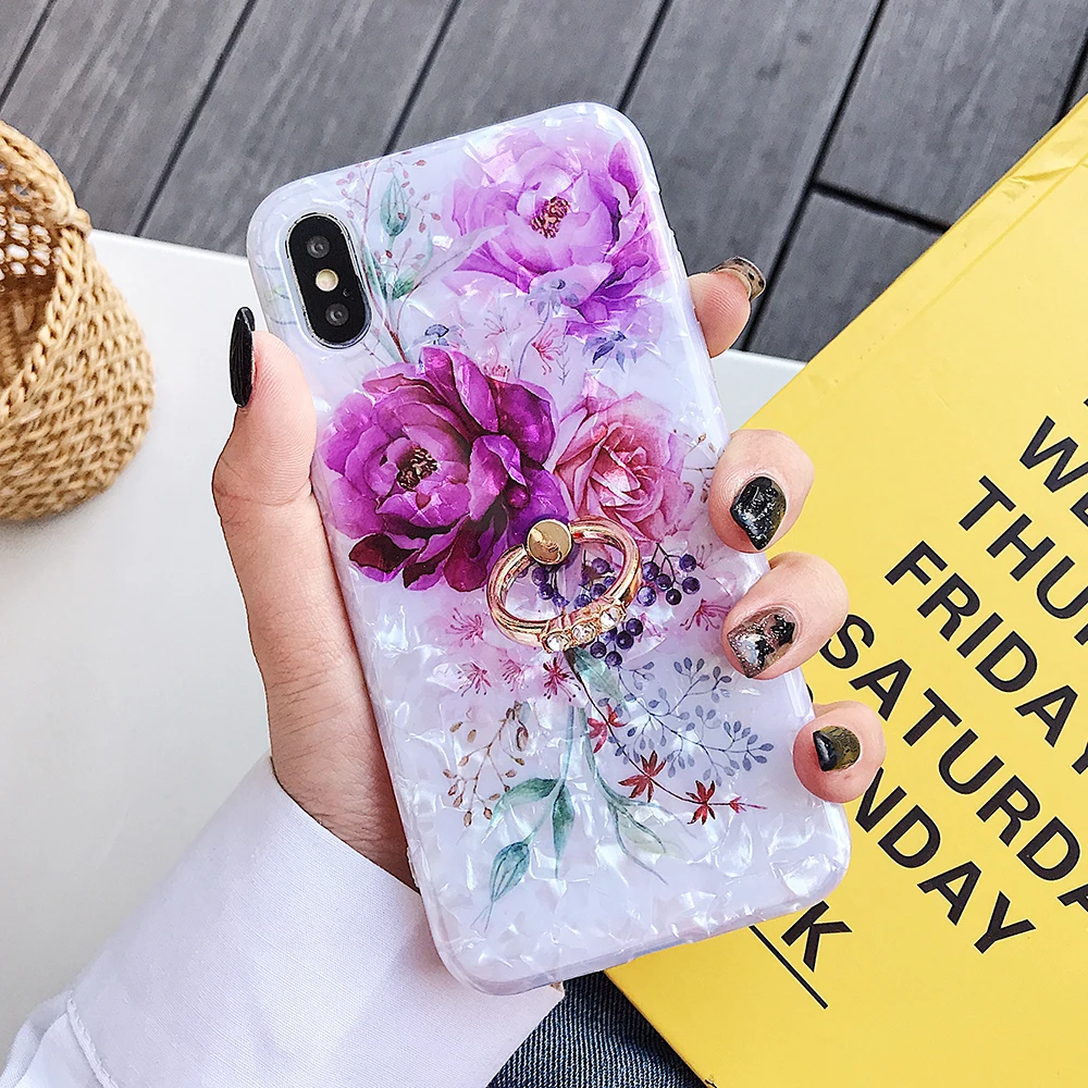 a(With Finger Ring) LOVECOM Ретро Цветочный кольцо стенд чехол для телефона для iPhone 11 Pro Max XR XS Max XS 7 8 6 Plus чехол мягкий IMD Dream Shell чехол для телефона - Цвет: a(With Finger Ring)