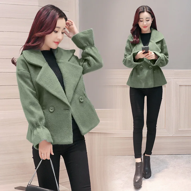 Офисные женские короткие пальто 2018 зимнее шерстяное с отложным воротником и