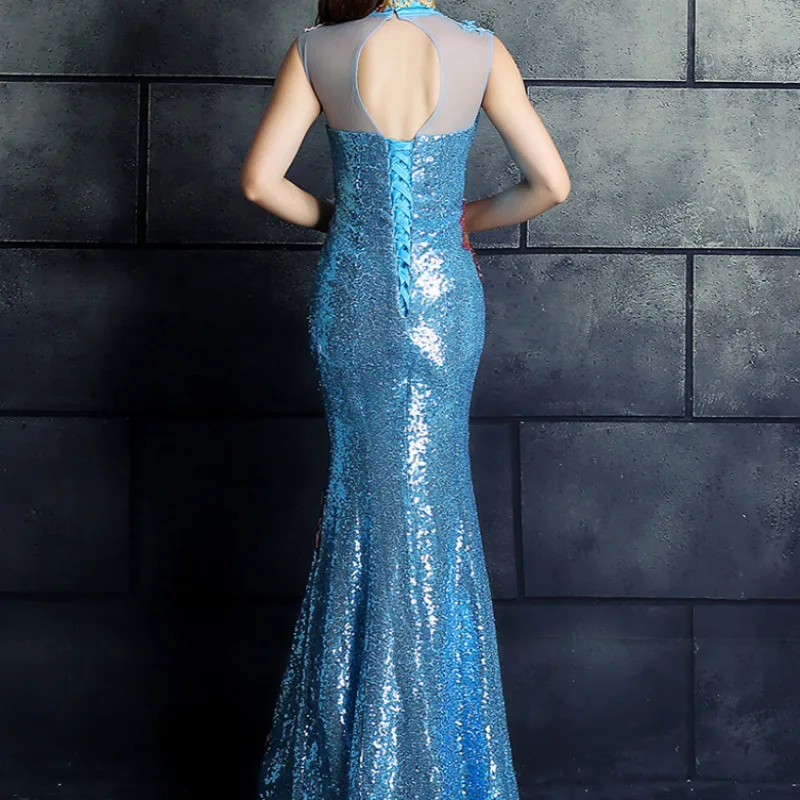 Sky blue Red Chinese Wedding Dress Female Long Cheongsam Gold Slim Chinese Traditional Dress Women Qipao for Wedding Party embroidery - Цвет: Sky blue