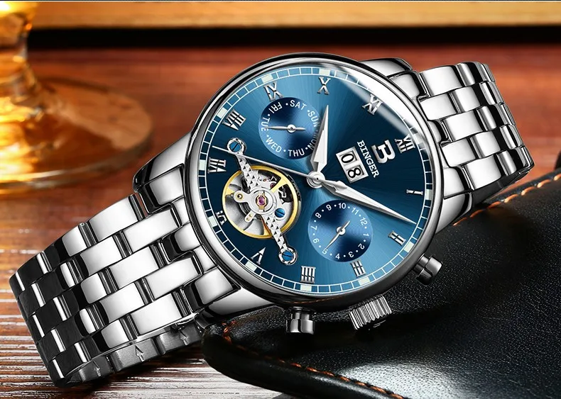 Швейцарские Бингер мужские часы люксовый бренд Tourbillon fulll из нержавеющей стали водонепроницаемые механические наручные часы B-8604-6