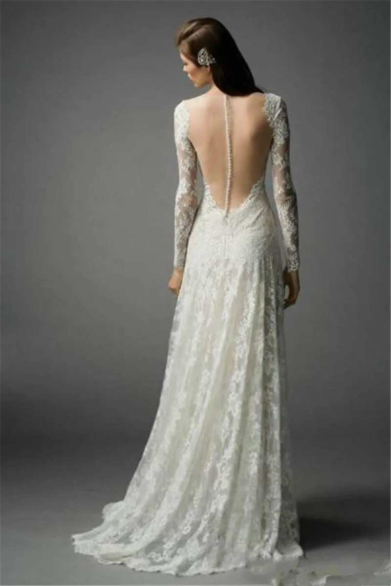 С длинным Рукавом 2016 Свадебные Платья Кружева Длина Пола Лето V образным Вырезом