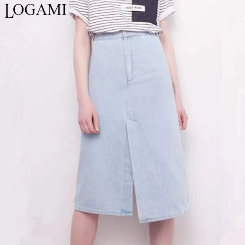 Женская джинсовая юбка трапеция LOGAMI повседневная до колена с высокой талией