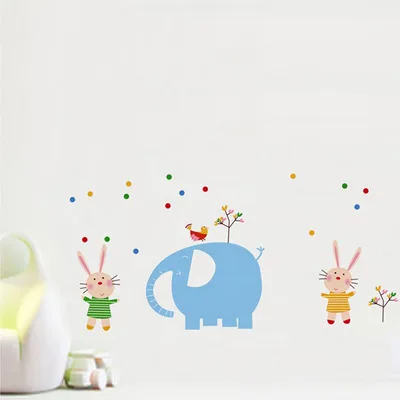 

Blue elephant and lovely small rabbit the household adornment of children room wall stickers on the wall