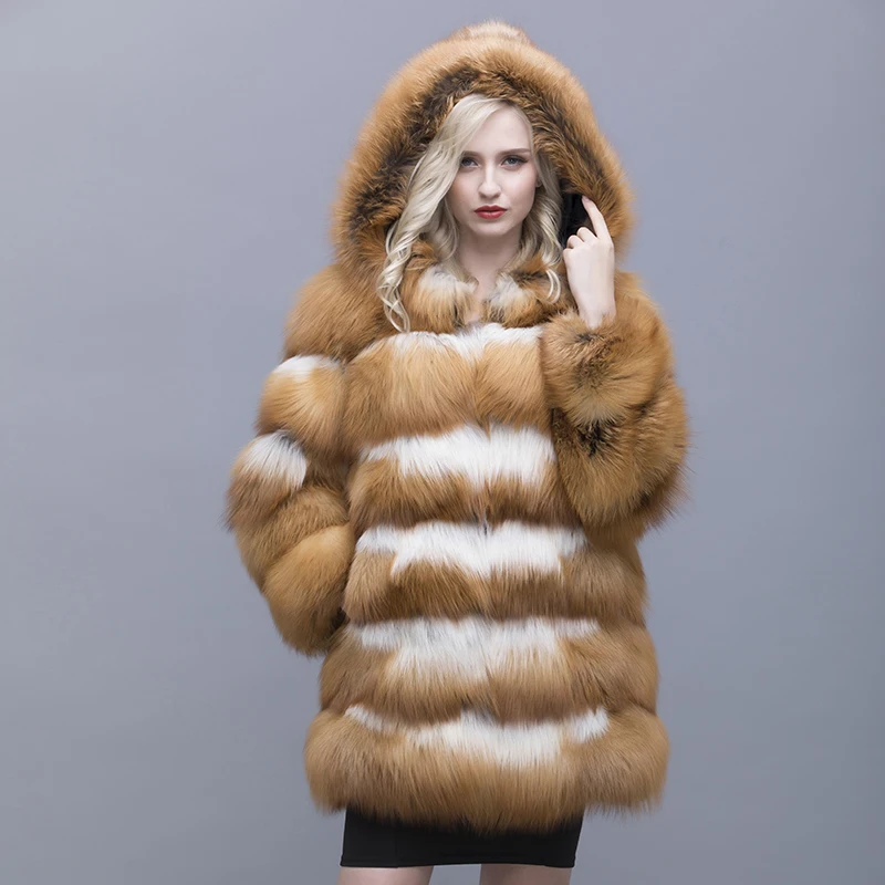 Женская парка с капюшоном из натурального Лисьего меха на осень/зиму|fur coat china|red