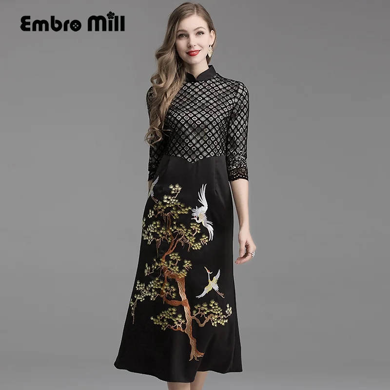 Embro Mill китайский стиль женское черное платье винтажное Цветочная вышивка элегантное дамское тонкое красивое платье Qipao s-xxl