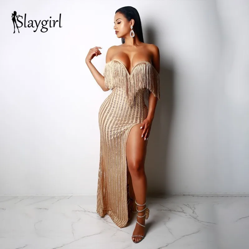 Gold Slaygirl без бретелек платье с кисточками осенние элегантные Клубные вечерние платье сексуальное платье с открытыми плечами, с кисточками, в полоску, с блестками, с бахромой, длинное платье в пол - Цвет: Gold