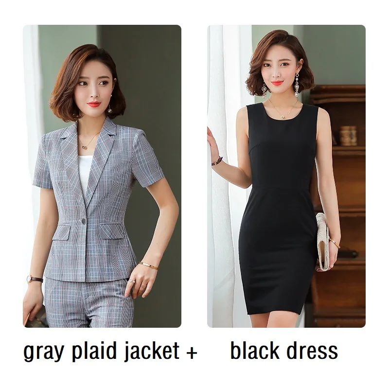 gray jacket dress Женские костюмы тонкая летняя клетчатая куртка с коротким рукавом платье комплект из 2 предметов OL формальные деловые женские платья костюмы женский комплект костюмы 1921 - Цвет: gray jacket dress