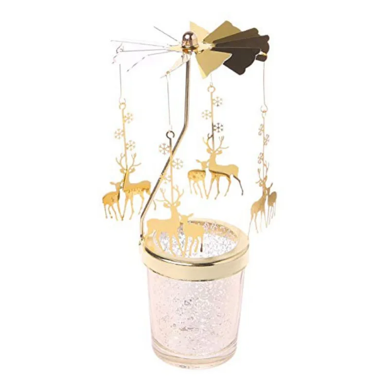 Two fawns-Gold Романтический вращающийся светильник для чая, металлический светильник для свечей, держатель для свечей, карусель, украшение для дома - Цвет: Two fawns-Gold