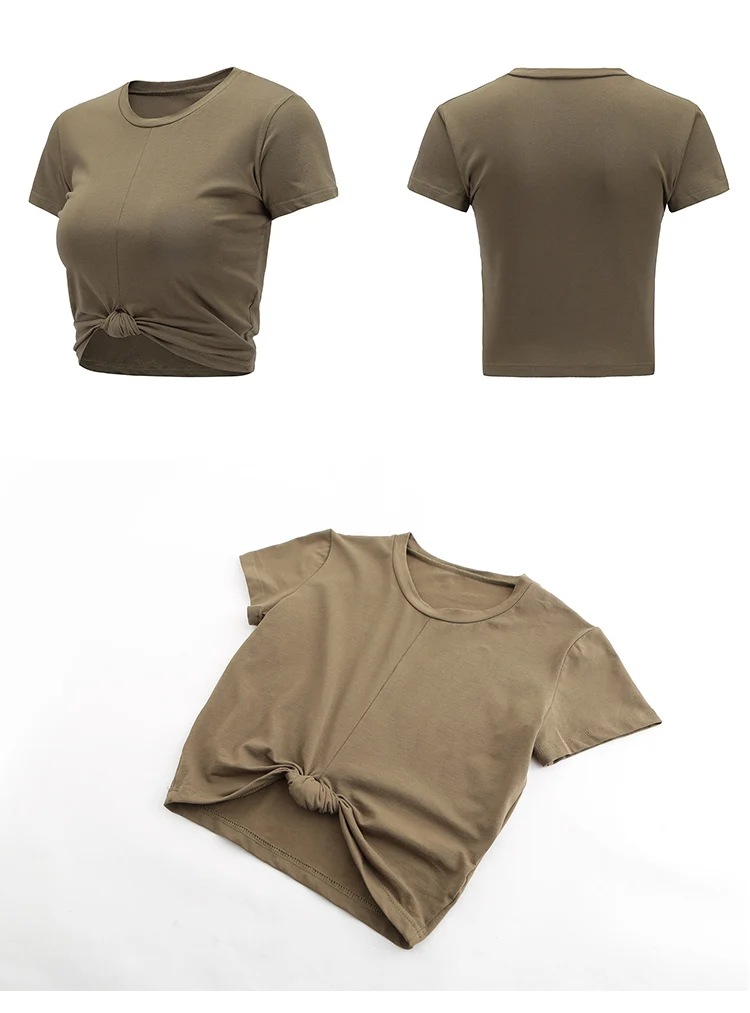 Colorvalue Summer Slim Fit O-neck Sport T-shirts Women Kink Design Fitness Workout Crop Top Leisure Cotton Short Sleeve Shirts