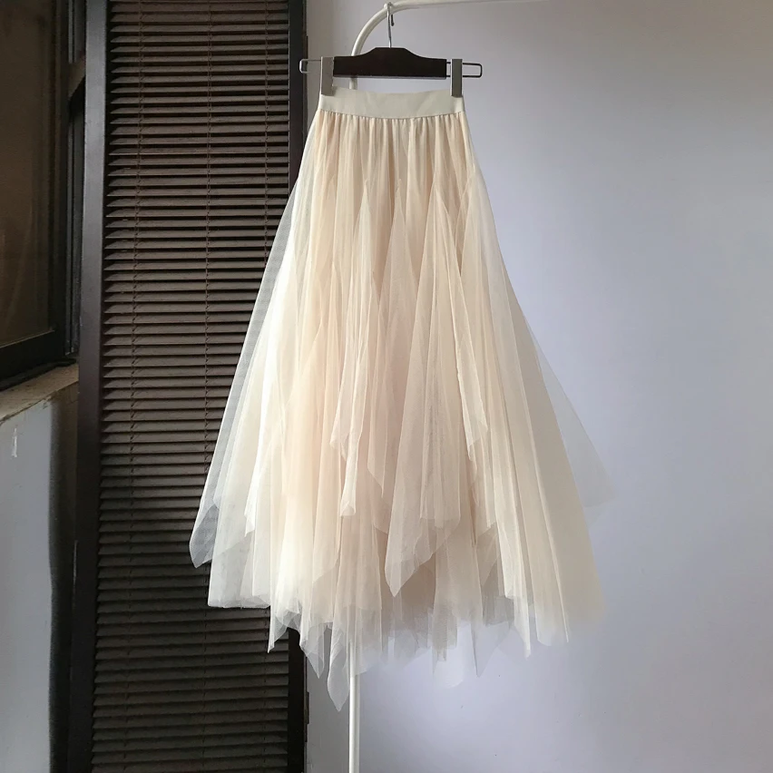 

Asymmetrical Midi Long Tulle Skirt Women Summer Ladies Boho A-line High Waisted Mesh Skirts jupe tulle femme