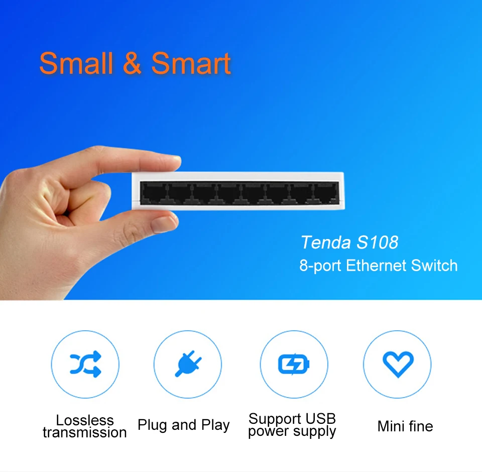 Tenda S108 Ethernet-коммутатор, 8 Порты и разъёмы Настольный Ethernet сетевой коммутатор gigabit 10/100 Мбит сетевой концентратор, маленький и умный, подключи и играй, легкая установка