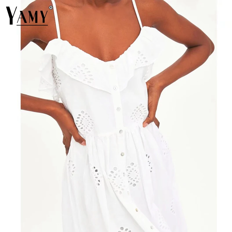 Летние белые льняные вышивка винтажное платье Женские v шеи без рукавов пляжное