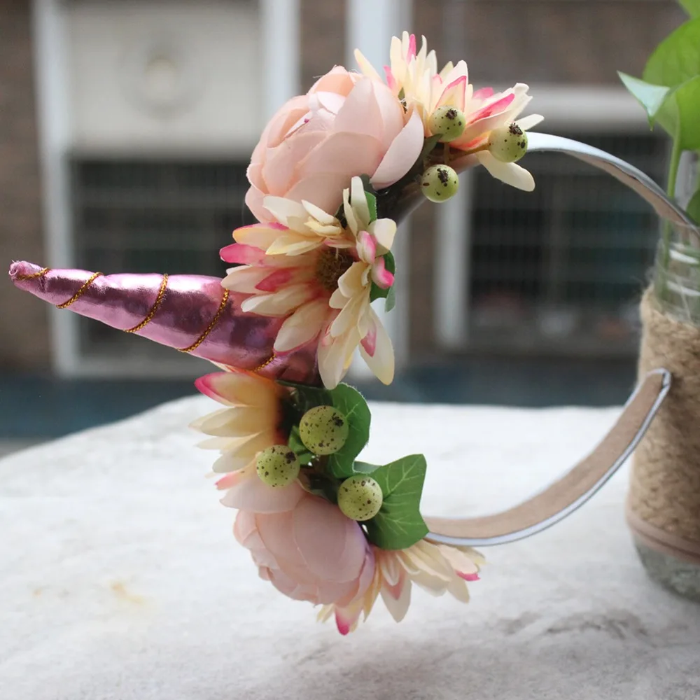 Повязка на голову с рогом единорога Цветочная корона для девочек день рождения