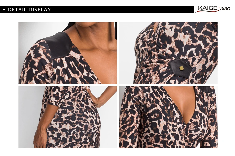 Vintage Leopard Printed Winter Dress Women Sexy Deep V Neck Long Sleeve Zipper Up Dresses Boho Bodycon Vestido PU Dress 1917