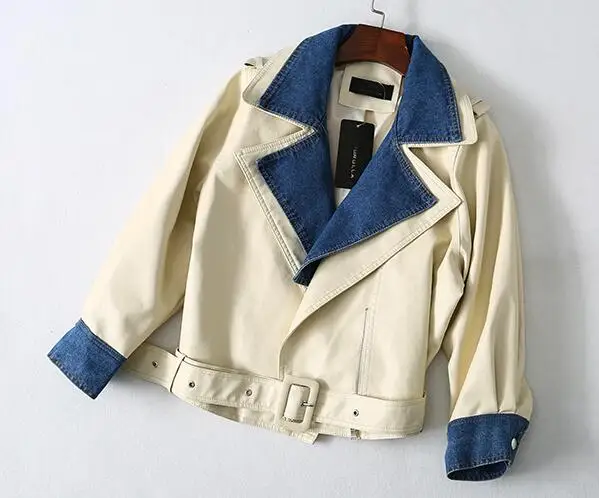 LMCAVASUN New Spring Lapel Long Sleeve Black Pu Leather Bandage Denim Stitch Loose Jacket Women Coat Fashion Tide - Цвет: Белый