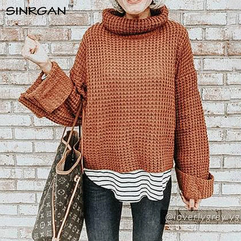 SINRGAN Loose long sleeve knitting turtleneck women pullover jumper oversized winter clothes solid casual streetwear coat | Женская
