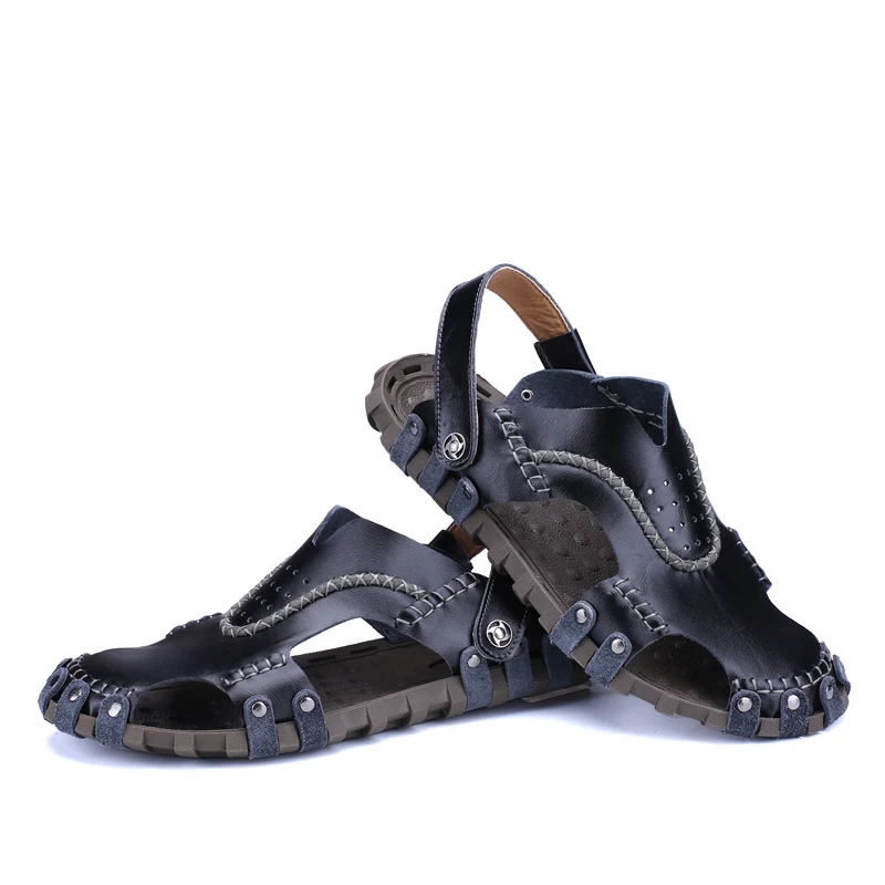 

YEINSHAARS Summer Sandals Men Cow Leather Classic Roman Sandals Slipper Outdoor Sneaker Beach Rubber Flip Flops Men Water Shoes