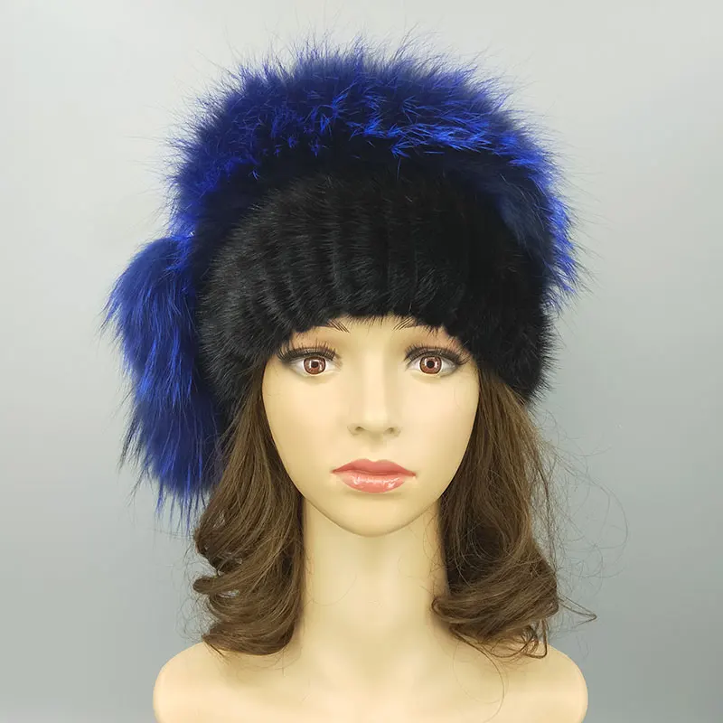 Royal blue Зимняя женская шапка из натурального меха норки, натуральный Лисий мех, большой помпон, дизайнерская модная теплая шапка в полоску, женская шапка из настоящего меха, вязаная норковая шапка - Цвет: Royal blue
