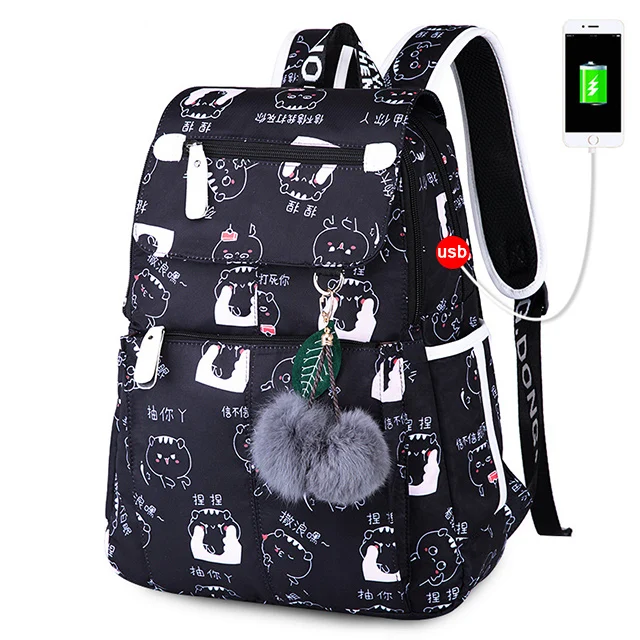 Black Cat Модный школьный рюкзак, USB зарядка, школьные сумки для девочек, женский рюкзак, школьный ранец, ранец, рюкзак для детей, школьная сумка, Mochila - Цвет: Black Cat