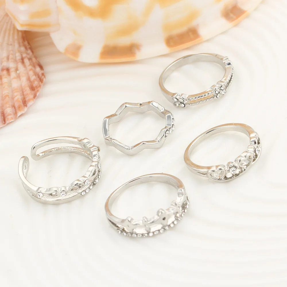 5 шт./компл. комплект позолоченных серебряных колец в форме сердца с кристаллами