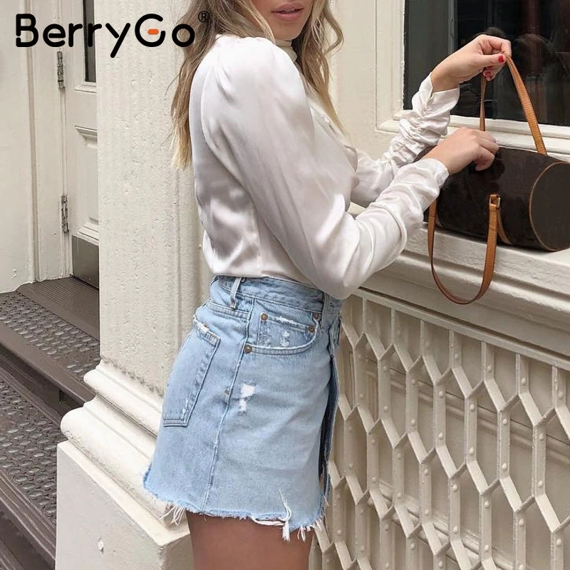 BerryGo Асимметричная джинсовая юбка, женские юбки, летняя уличная короткая мини-юбка, Женская Однотонная юбка на пуговицах с высокой талией, женские юбки
