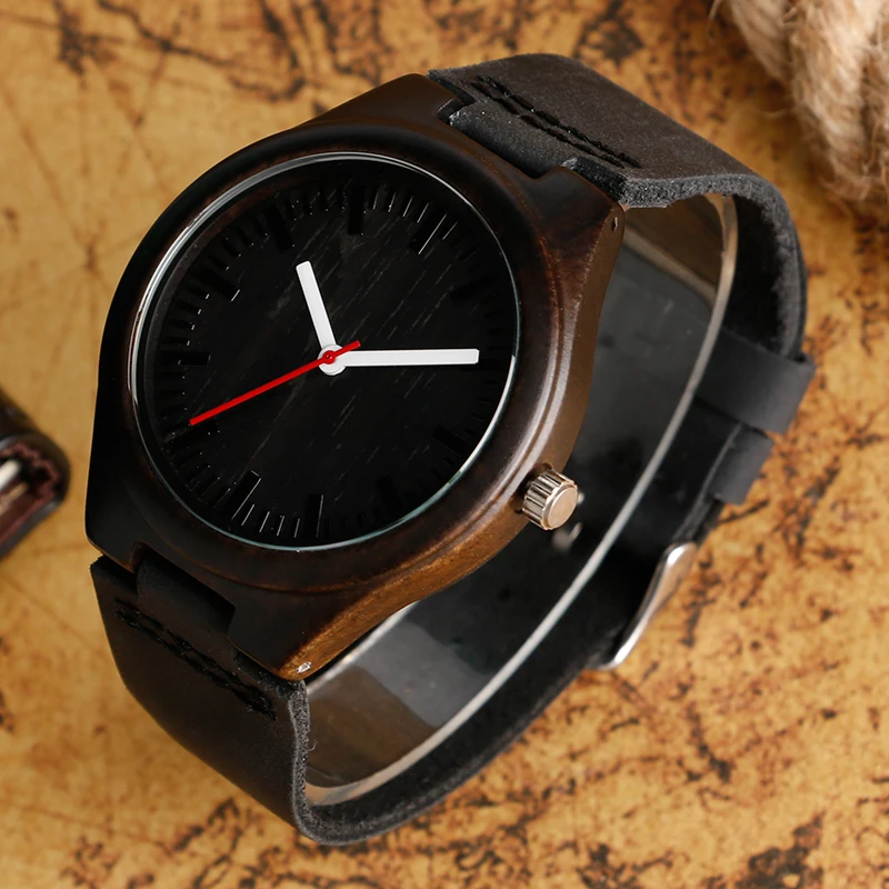 Крутые темно коричневые деревянные часы с черным ремешком из натуральной кожи