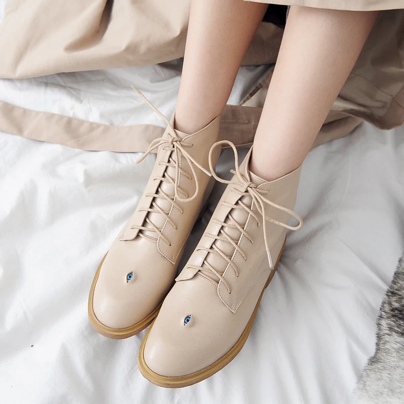 

Luxury Brand Eyes Shoes Women Boots Round Toe Soft Genuine Leather Ankle Boots for Women Autumn Pigskin/Winter Short Plush Boots